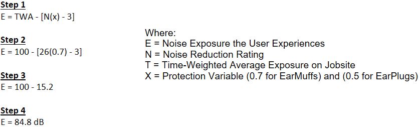 breakdown of math needed to determine noise level experienced by users using earmuffs